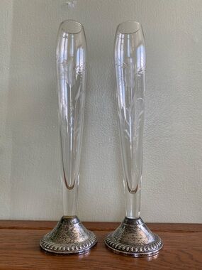 Clear Duchin Etched Glass Bud Vases with  Sterling Silver Bases Pair
